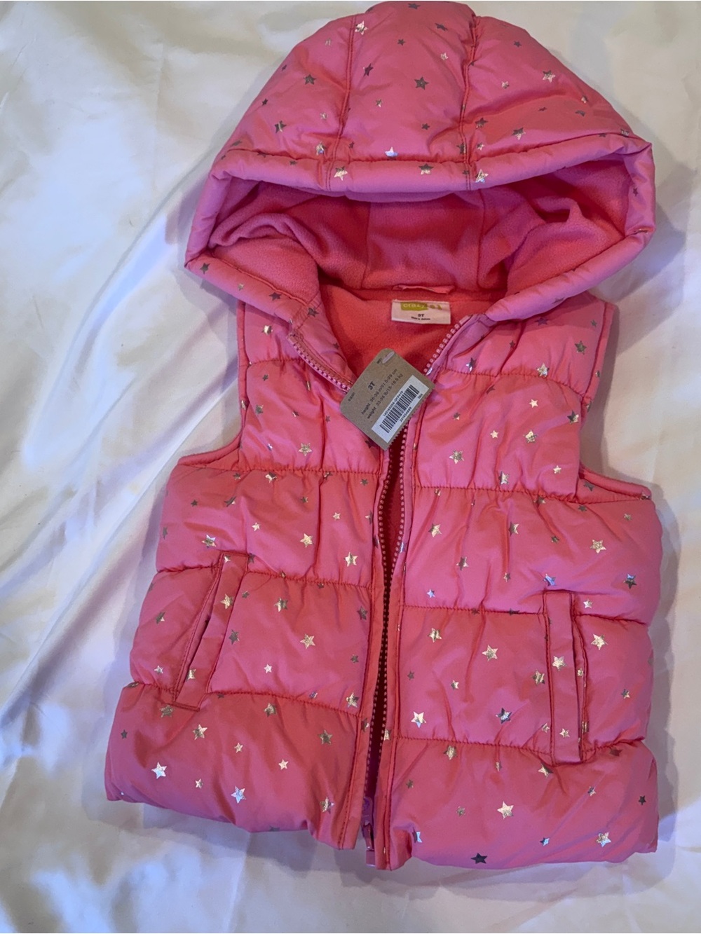 NWT Crazy 8 Pink Hooded Puffer Vest with Gold Star Detail 3T